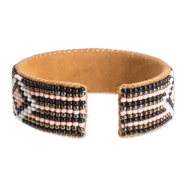 Alternate image for Black and Pink Glass Beaded Cuff Bracelet with Leather Timeless Diamonds
