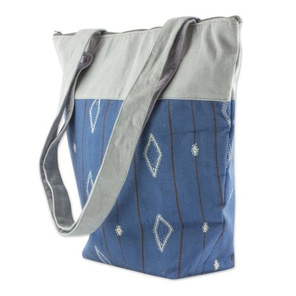 Alternate image for Blue and Grey Cotton Maya Backstrap Loom Shoulder Bag Diamonds in the Sky