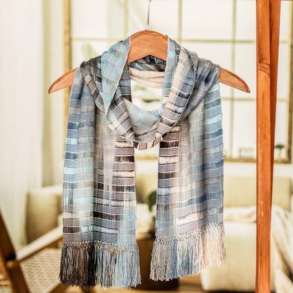 Alternate image for Backstrap Rayon Handmade Scarf in Blue and Grey Waves on the Lake
