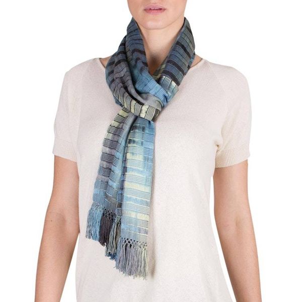 Alternate image for Backstrap Rayon Handmade Scarf in Blue and Grey Waves on the Lake