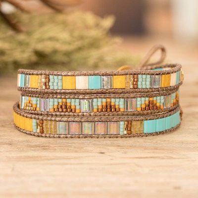 Primary image for Handcrafted Brown Yellow Aqua Glass Beaded Wrap Bracelet Santa Fe in Brown