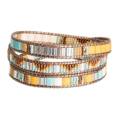 Alternate image for Handcrafted Brown Yellow Aqua Glass Beaded Wrap Bracelet Santa Fe in Brown