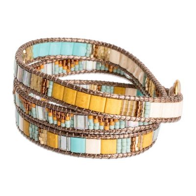 Alternate image for Handcrafted Brown Yellow Aqua Glass Beaded Wrap Bracelet Santa Fe in Brown