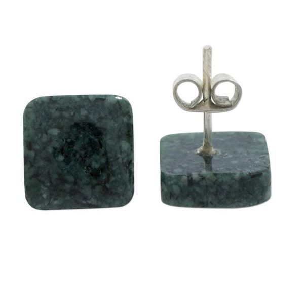 Alternate image for Dark Green Square Jade Stud Earrings from Guatemala Simply Luxurious in Dark Green