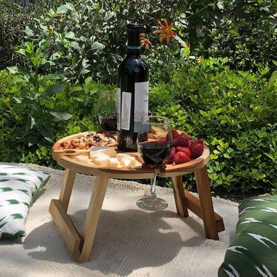Alternate image for Teakwood Folding Portable Picnic Snack and Wine Table Tray Time to Share