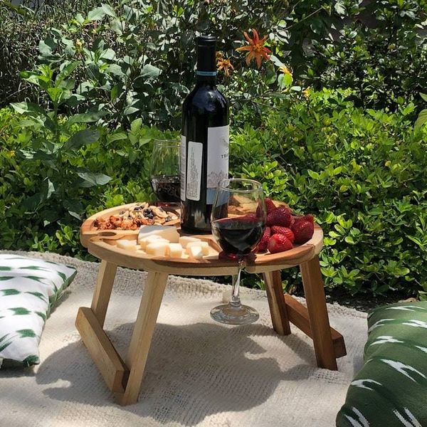 Alternate image for Teakwood Folding Portable Picnic Snack and Wine Table Tray Time to Share