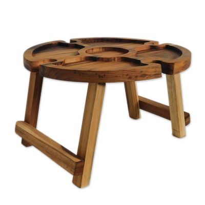 Alternate image for Teakwood Folding Portable Picnic Snack and Wine Table Tray Time to Share