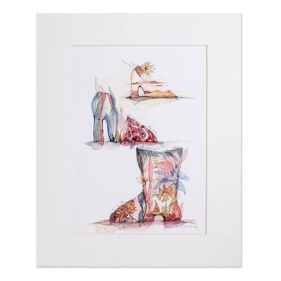 Watercolor Ink Expressionist Painting of Shoes with Flower 'Flora Shoes IV'