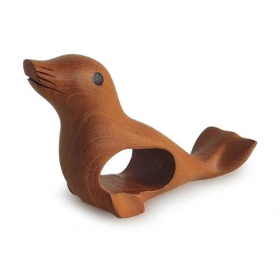 Alternate image for Artisan-Made Marine-Themed Brown Mahogany Wood Seal Figurine Seal Sense