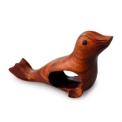 Alternate image for Artisan-Made Marine-Themed Brown Mahogany Wood Seal Figurine Seal Sense