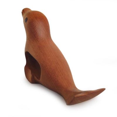Alternate image for Artisan-Made Marine-Themed Brown Mahogany Wood Seal Figurine Seal Sense
