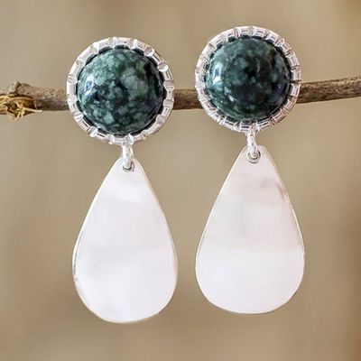 Alternate image for Sterling Silver Earrings with Dark Green Jade Maya Polish in Dark Green