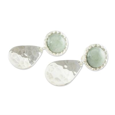 Alternate image for Hammered Sterling Silver and Jade Earrings Maya Texture in Light Green