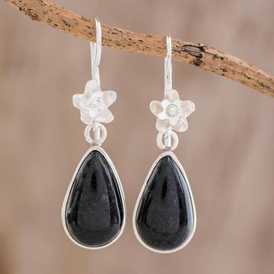 Alternate image for Sterling Silver and Dark Green Jade Teardrop Dangle Earrings Enduring Bloom in Dark Green