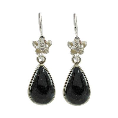 Alternate image for Sterling Silver and Dark Green Jade Teardrop Dangle Earrings Enduring Bloom in Dark Green