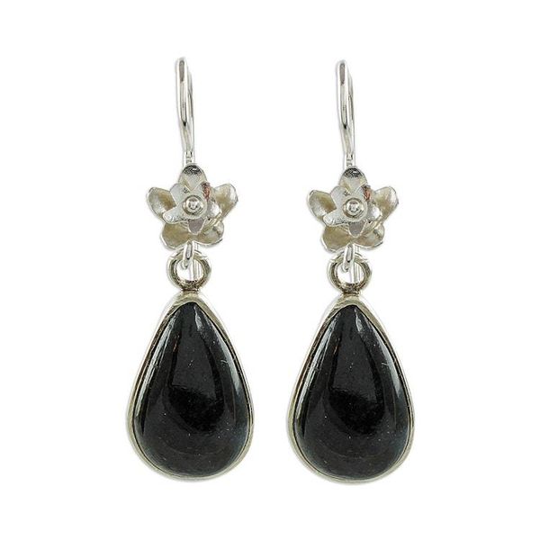 Alternate image for Sterling Silver and Dark Green Jade Teardrop Dangle Earrings Enduring Bloom in Dark Green