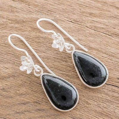 Alternate image for Sterling Silver and Dark Green Jade Teardrop Dangle Earrings Enduring Bloom in Dark Green