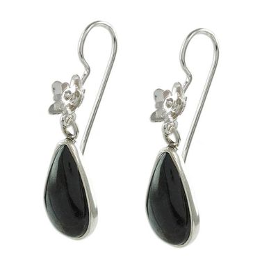 Alternate image for Sterling Silver and Dark Green Jade Teardrop Dangle Earrings Enduring Bloom in Dark Green