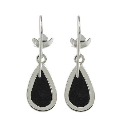 Alternate image for Sterling Silver and Dark Green Jade Teardrop Dangle Earrings Enduring Bloom in Dark Green