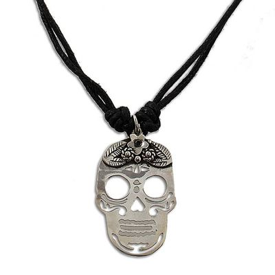 Alternate image for Sterling Silver Skull Pendant Black Cotton Cord Necklace Lovely Catrina
