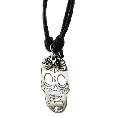 Alternate image for Sterling Silver Skull Pendant Black Cotton Cord Necklace Lovely Catrina