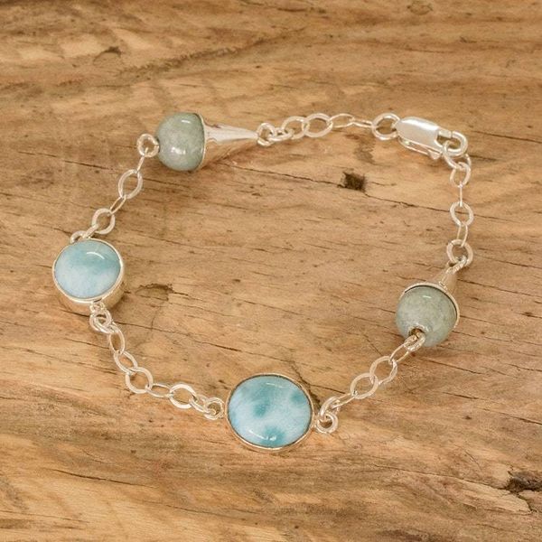 Alternate image for Sterling Silver Link Bracelet with Jade and Larimar Stones Precious Union