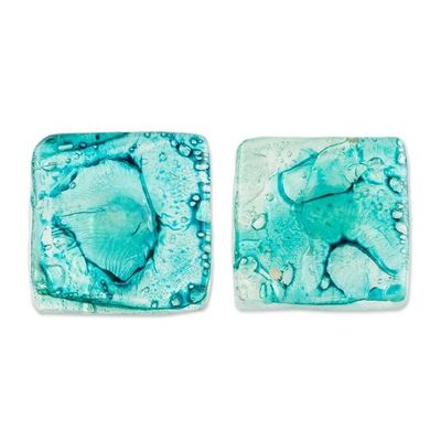 Alternate image for Guatemalan Recycled CD Button Earrings Bubble Explosion in Turquoise