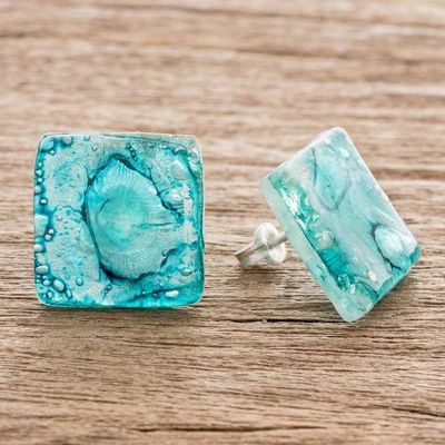 Alternate image for Guatemalan Recycled CD Button Earrings Bubble Explosion in Turquoise