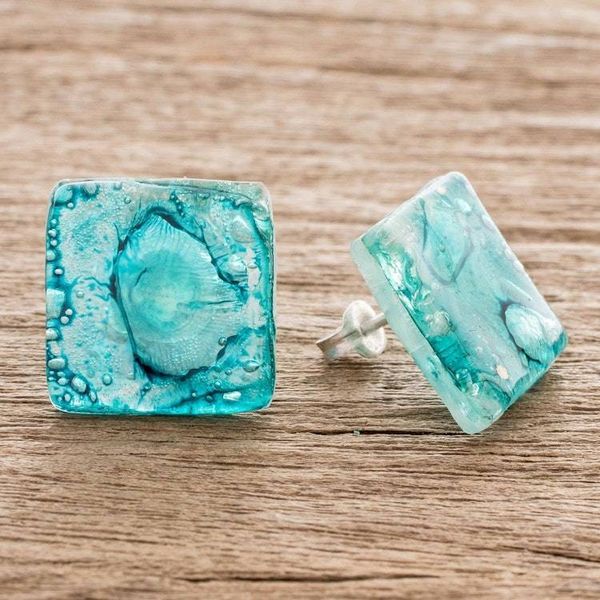 Alternate image for Guatemalan Recycled CD Button Earrings Bubble Explosion in Turquoise