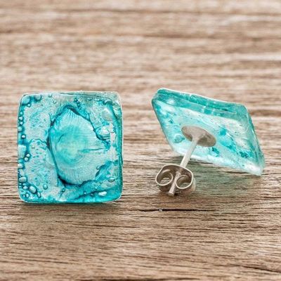 Alternate image for Guatemalan Recycled CD Button Earrings Bubble Explosion in Turquoise