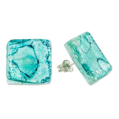 Alternate image for Guatemalan Recycled CD Button Earrings Bubble Explosion in Turquoise