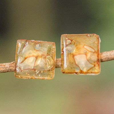 Primary image for Guatemalan Recycled CD Button Earrings Bubble Explosion in Amber