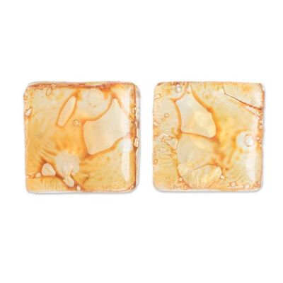 Alternate image for Guatemalan Recycled CD Button Earrings Bubble Explosion in Amber