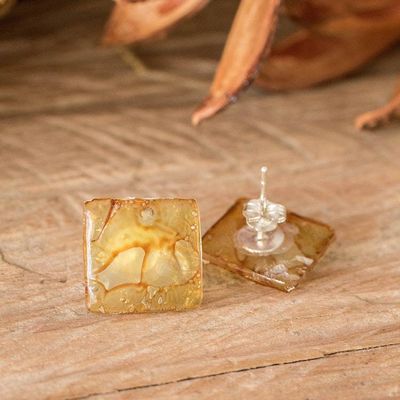 Alternate image for Guatemalan Recycled CD Button Earrings Bubble Explosion in Amber