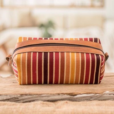 Alternate image for Leather-Accented Warm-Toned Striped Cotton Cosmetic Bag Evening Era