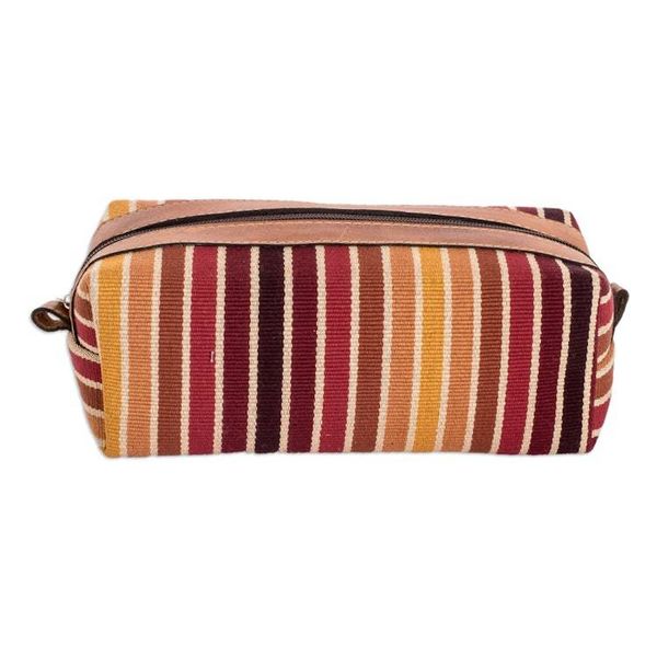 Alternate image for Leather-Accented Warm-Toned Striped Cotton Cosmetic Bag Evening Era