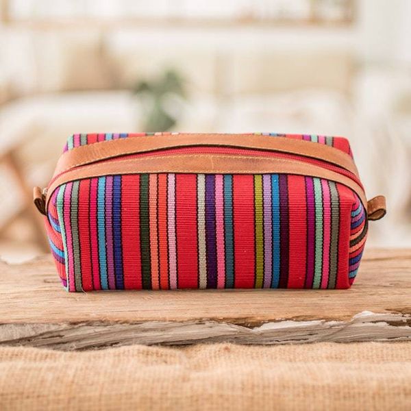 Alternate image for Leather-Accented Multicolor Striped Cotton Cosmetic Bag Festive Era