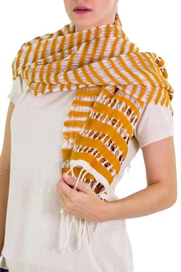 Alternate image for Hand Woven Striped Cotton Scarf in Eggshell and Amber Amber Roads Found