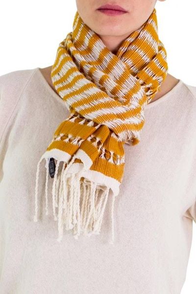 Alternate image for Hand Woven Striped Cotton Scarf in Eggshell and Amber Amber Roads Found
