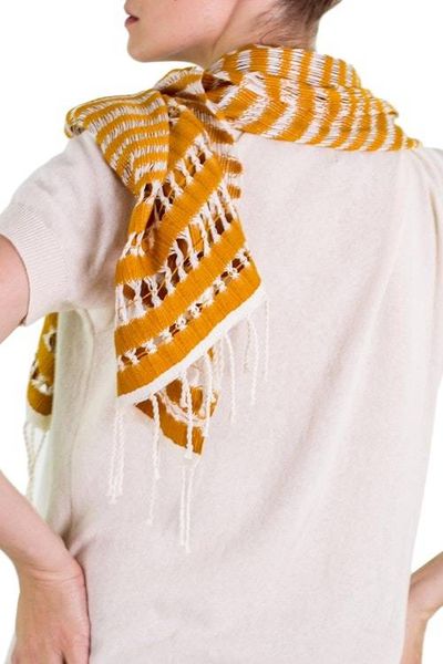 Alternate image for Hand Woven Striped Cotton Scarf in Eggshell and Amber Amber Roads Found