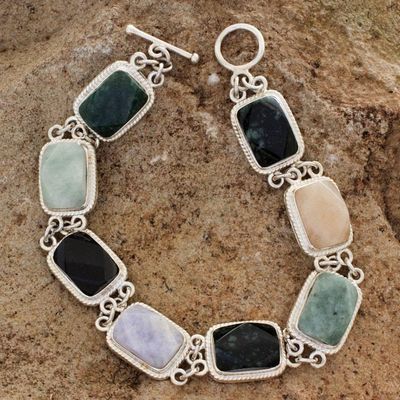 Alternate image for Collectible Sterling Silver Jade and Quartz Link Bracelet Maya Rainbow