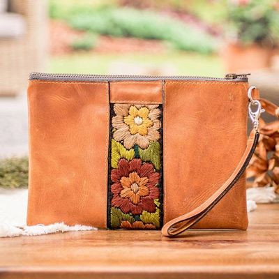 Alternate image for Autumn-Themed Floral Leather-Accented Cotton Cosmetic Bag Blooms of Fall