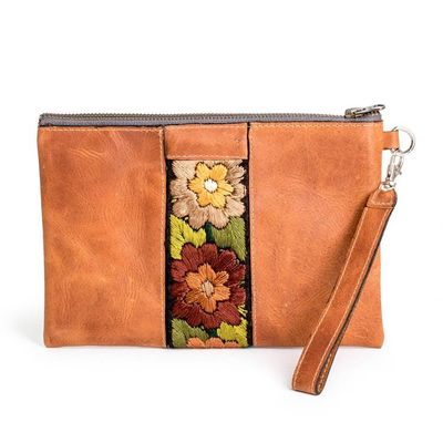 Alternate image for Autumn-Themed Floral Leather-Accented Cotton Cosmetic Bag Blooms of Fall