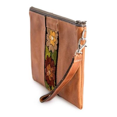 Alternate image for Autumn-Themed Floral Leather-Accented Cotton Cosmetic Bag Blooms of Fall
