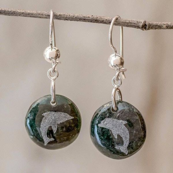 Alternate image for Sterling Silver and Jade Dolphin Dangle Earrings Love of Nature - Dolphin