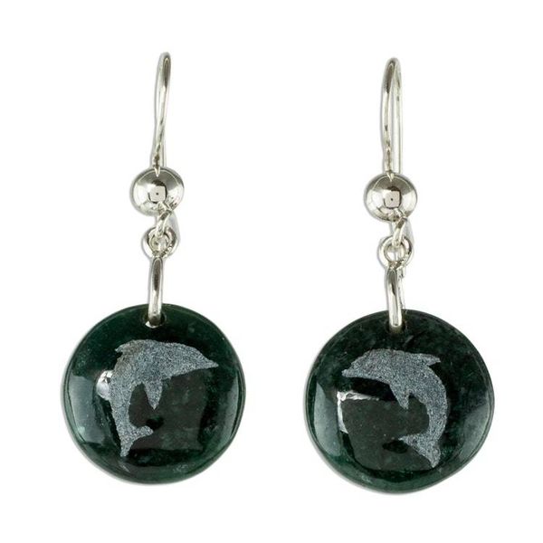 Alternate image for Sterling Silver and Jade Dolphin Dangle Earrings Love of Nature - Dolphin