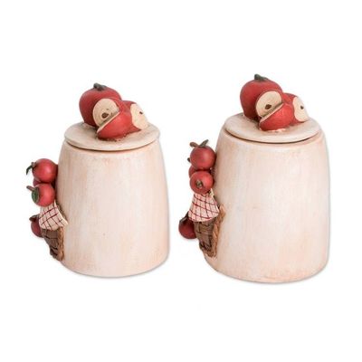 Alternate image for Hand-Painted Apple-Themed Ceramic Decorative Jars Set of 2 Apple Joy