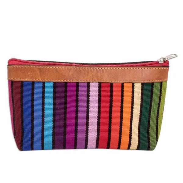 Alternate image for Colorful Hand-Woven Cotton Cosmetic Bag with Leather Trim Multicolored Ocean