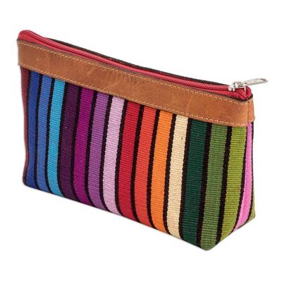 Alternate image for Colorful Hand-Woven Cotton Cosmetic Bag with Leather Trim Multicolored Ocean