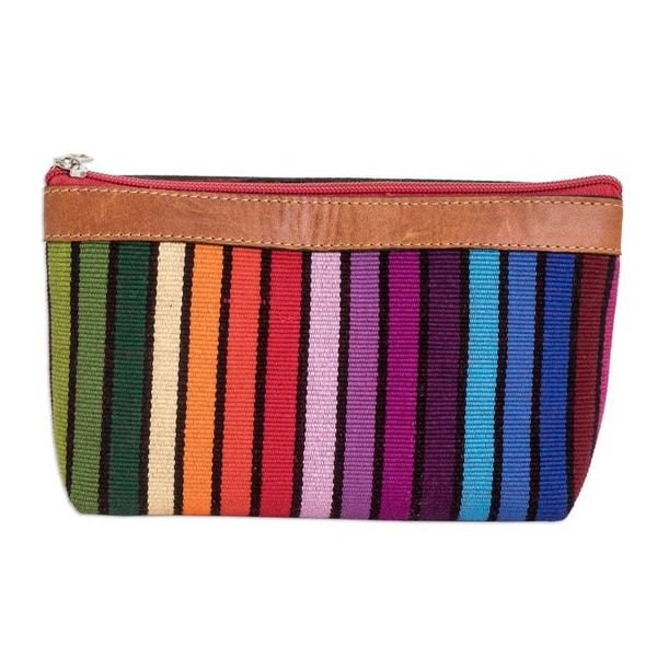 Alternate image for Colorful Hand-Woven Cotton Cosmetic Bag with Leather Trim Multicolored Ocean